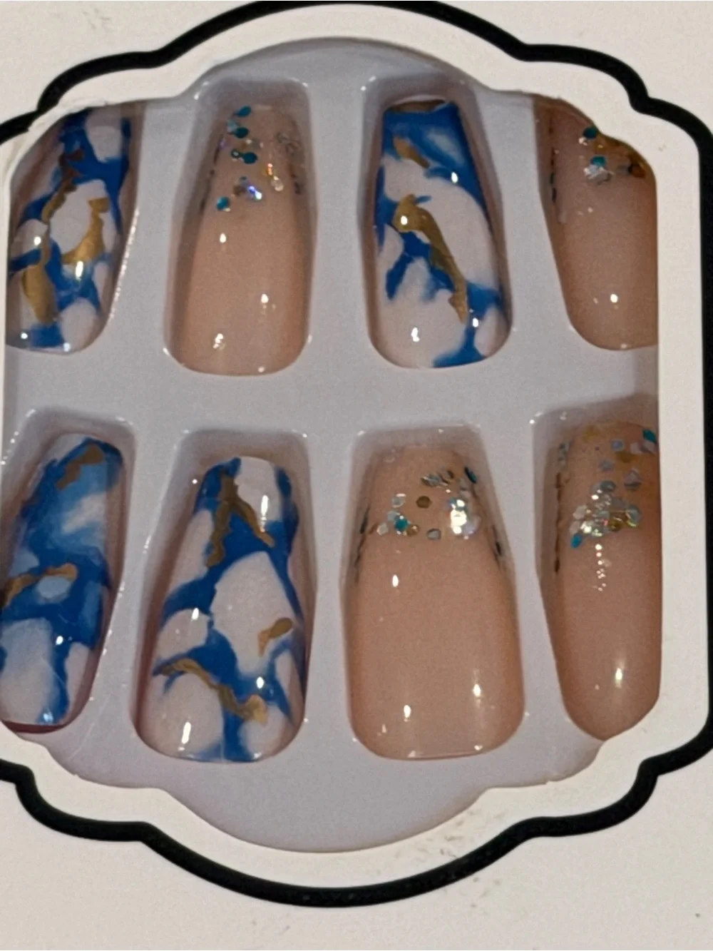 Blue Marble Gold Foil Press On Nails Nude Glitter Coffin Nail Set
